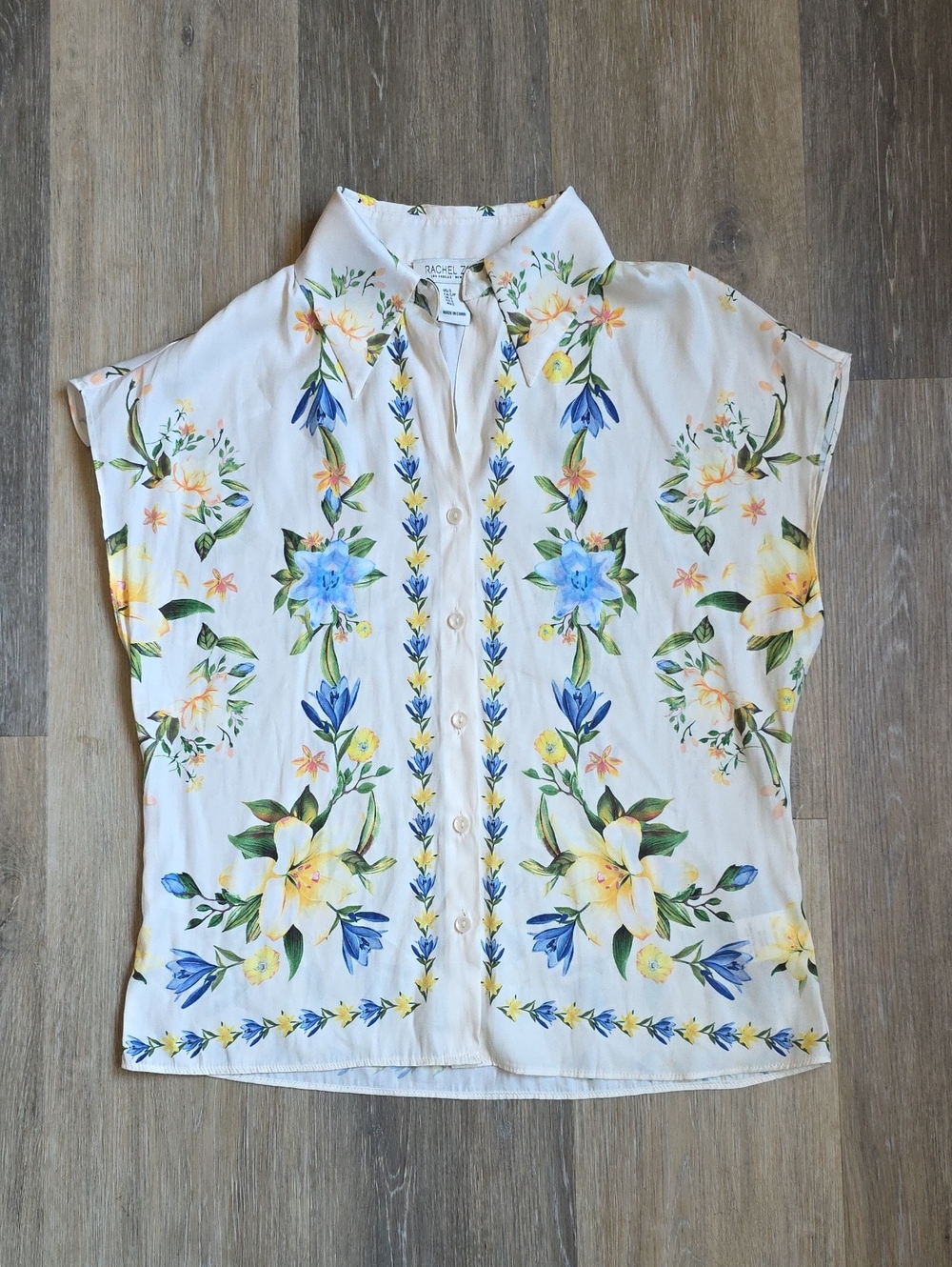 Rachel Zoe White Floral Button-Front Blouse with Blue & Yellow Blooms